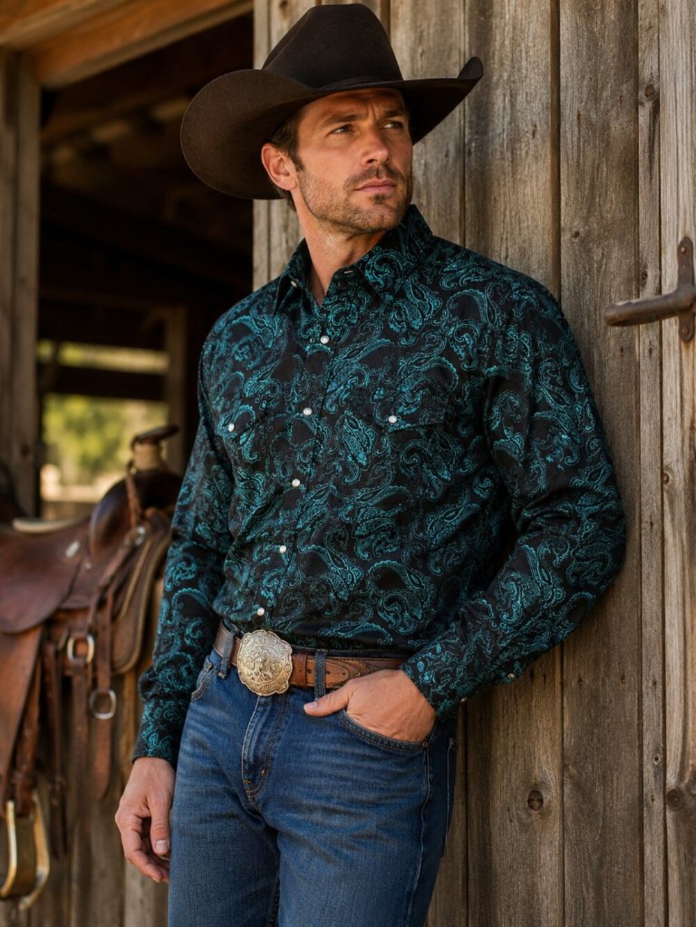 Ace Of Diamond Black Shirt with Teal Paisley Print